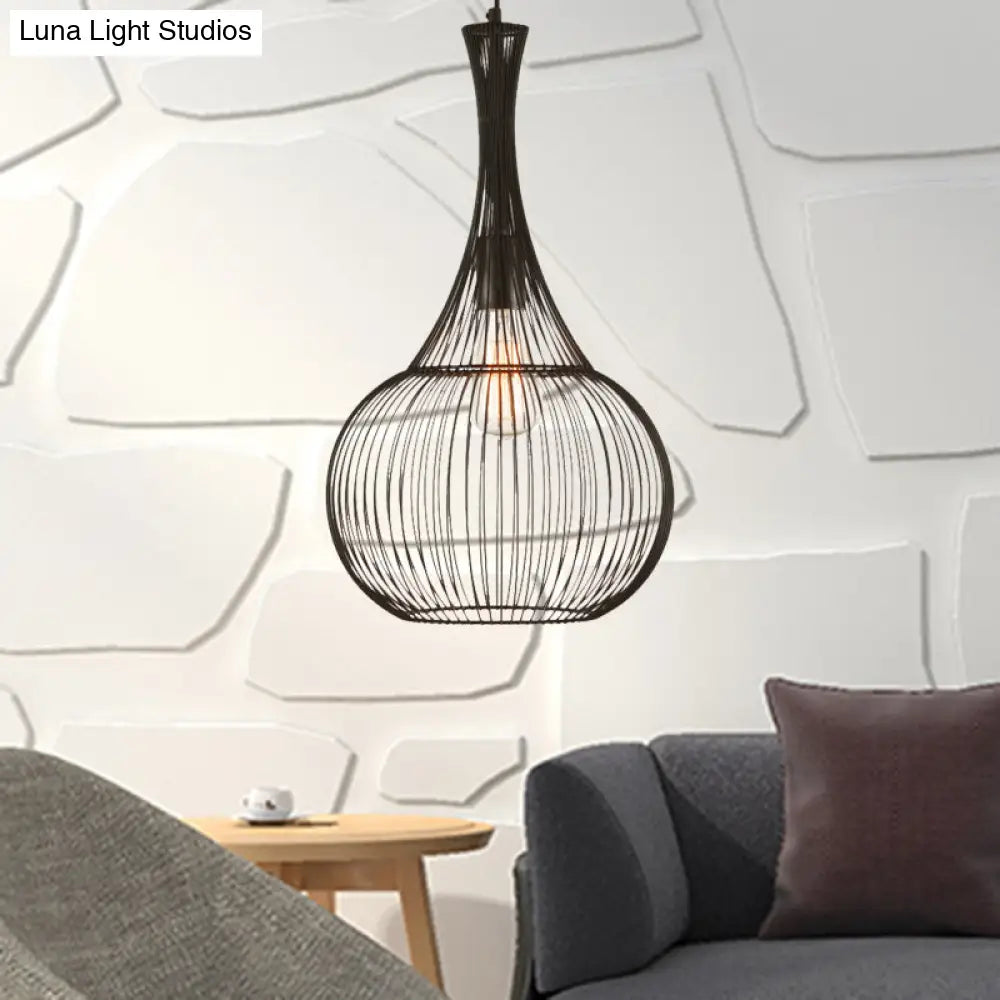 Teardrop Cage Pendant Light: Industrial Black Iron Ceiling Lighting For Living Room