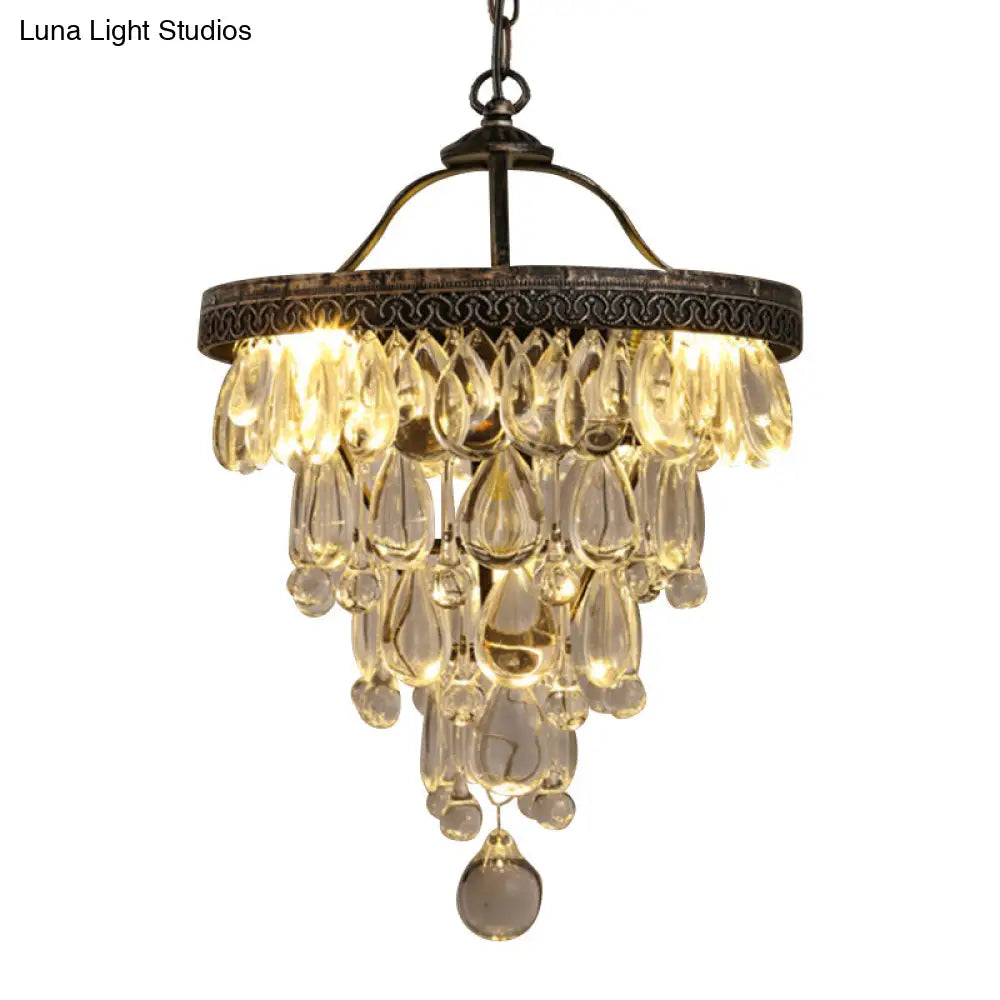 Teardrop Crystal Chandelier - Clear Countryside Décor 3-Light Bronze Hanging Light With Layered