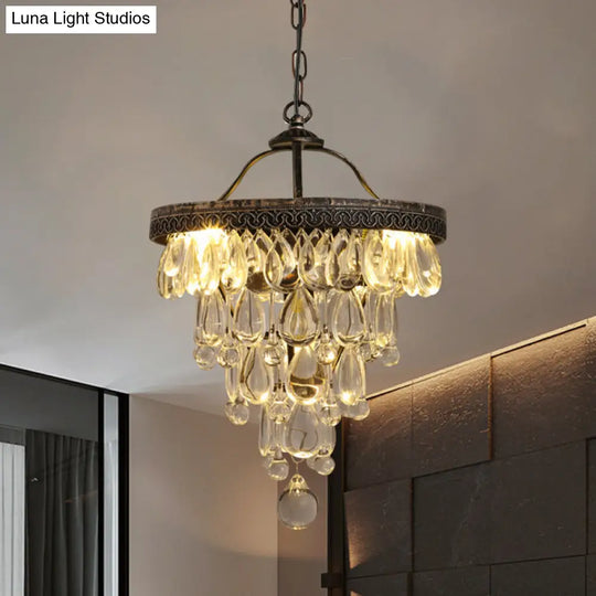 Teardrop Crystal Chandelier - Clear Countryside Décor 3-Light Bronze Hanging Light With Layered