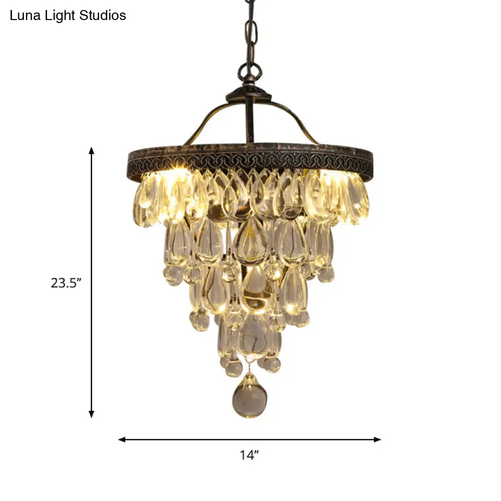 Teardrop Crystal Chandelier - Clear Countryside Décor 3-Light Bronze Hanging Light With Layered