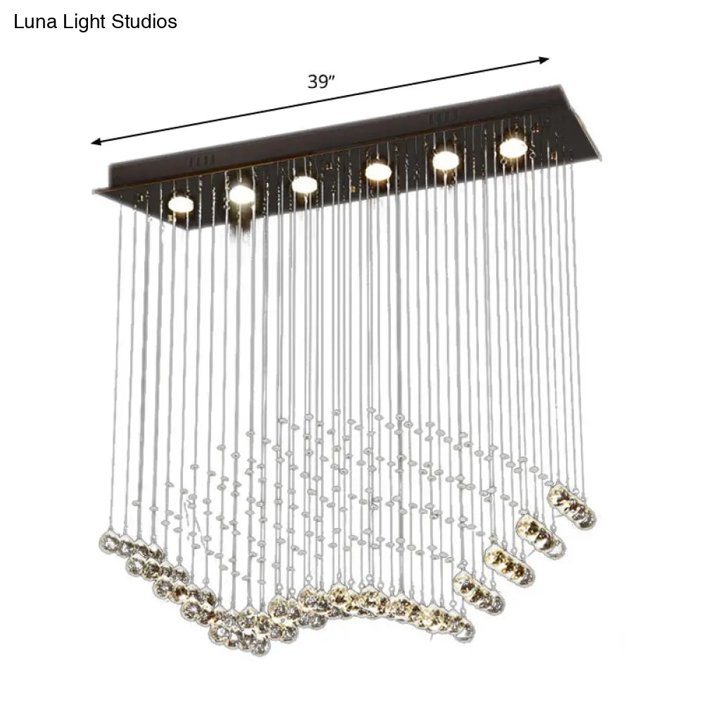 Teardrop Crystal Flush Mount Ceiling Fixture With 6 Bulbs - Modern Nickel Design