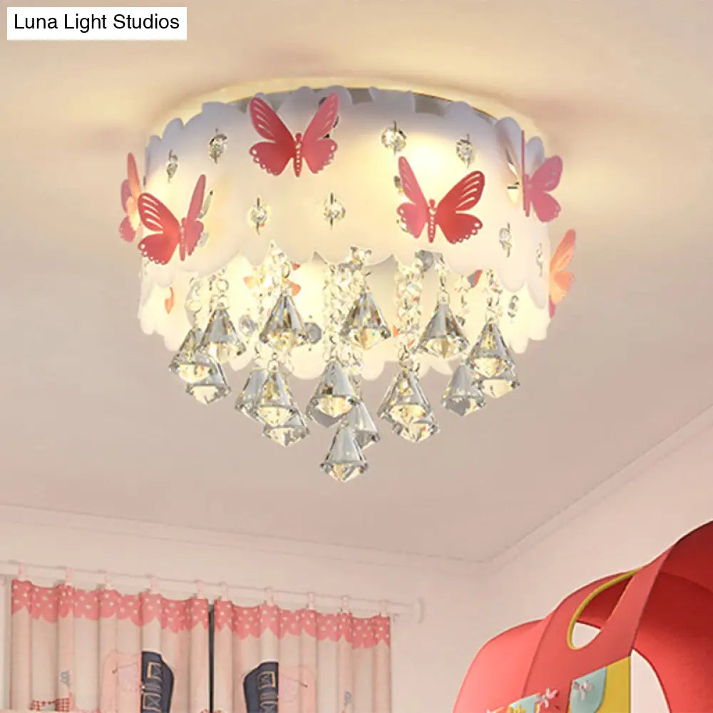 Teardrop Crystal Flush Mount Ceiling Lamp With Butterfly Design - Simple And Elegant Pink Bedroom