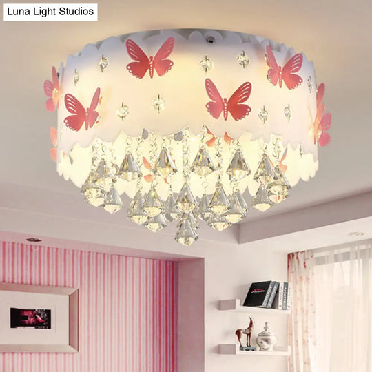 Teardrop Crystal Flush Mount Ceiling Lamp With Butterfly Design - Simple And Elegant Pink Bedroom