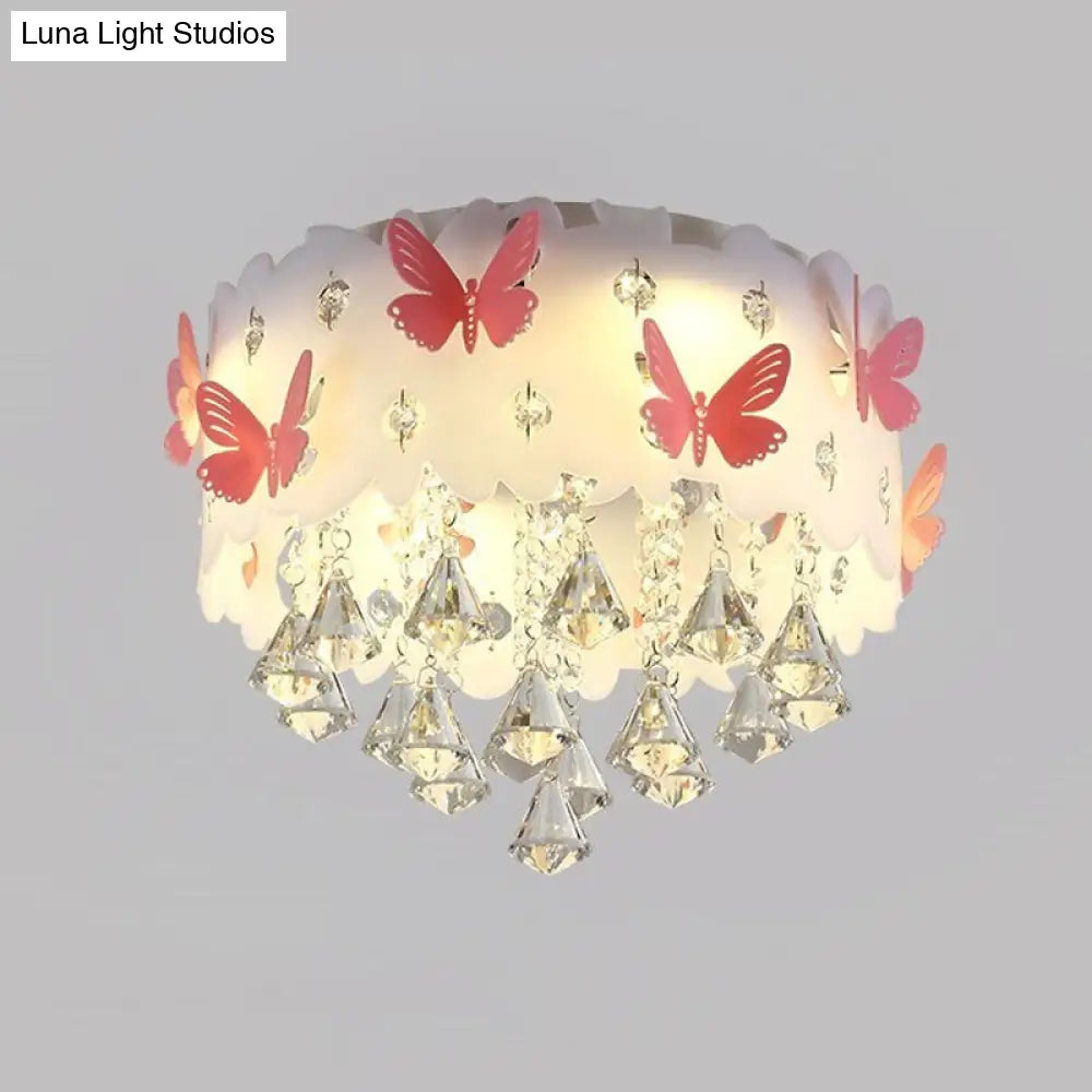 Teardrop Crystal Flush Mount Ceiling Lamp With Butterfly Design - Simple And Elegant Pink Bedroom