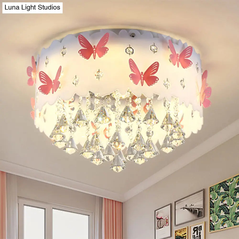 Teardrop Crystal Flush Mount Ceiling Lamp With Butterfly Design - Simple And Elegant Pink Bedroom