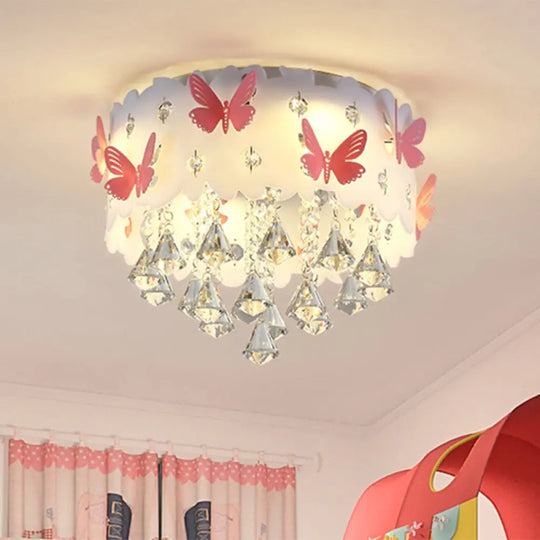 Teardrop Crystal Flush Mount Ceiling Lamp With Butterfly Design - Simple And Elegant Pink Bedroom