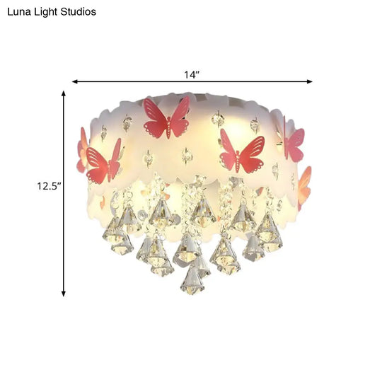 Teardrop Crystal Flush Mount Ceiling Lamp With Butterfly Design - Simple And Elegant Pink Bedroom