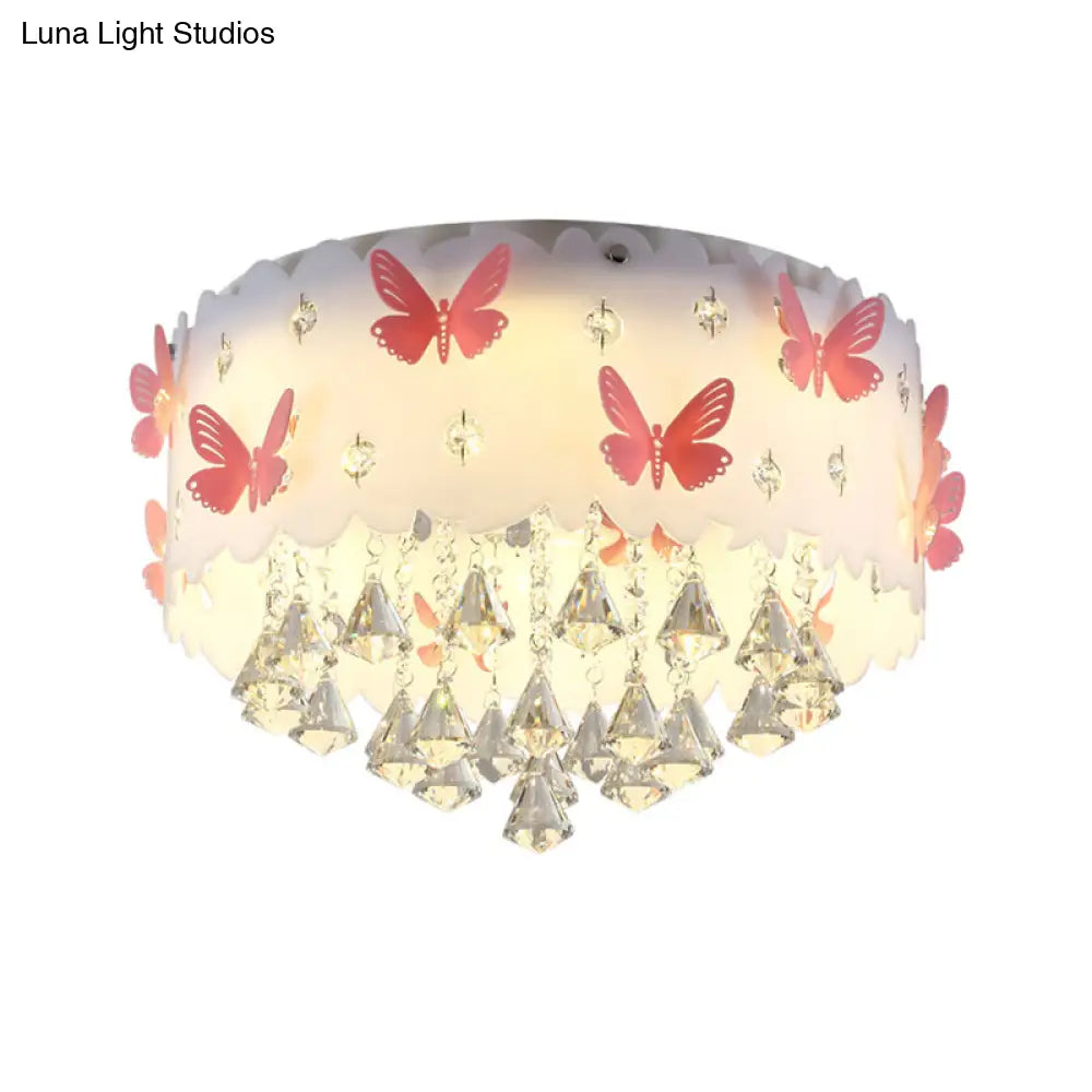 Teardrop Crystal Flush Mount Ceiling Lamp With Butterfly Design - Simple And Elegant Pink Bedroom