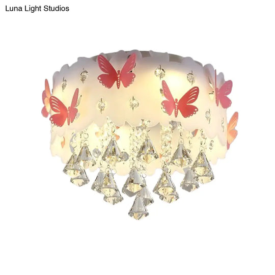 Teardrop Crystal Flush Mount Ceiling Lamp With Butterfly Design - Simple And Elegant Pink Bedroom