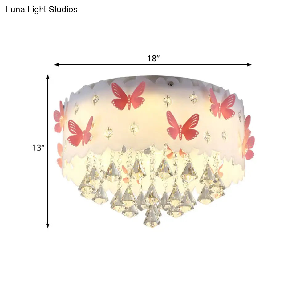 Teardrop Crystal Flush Mount Ceiling Lamp With Butterfly Design - Simple And Elegant Pink Bedroom