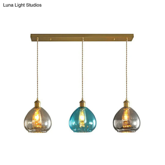 Teardrop Glass Cluster Pendant - Post-Modern Brass 3-Light Hanging Lamp Blue / Linear