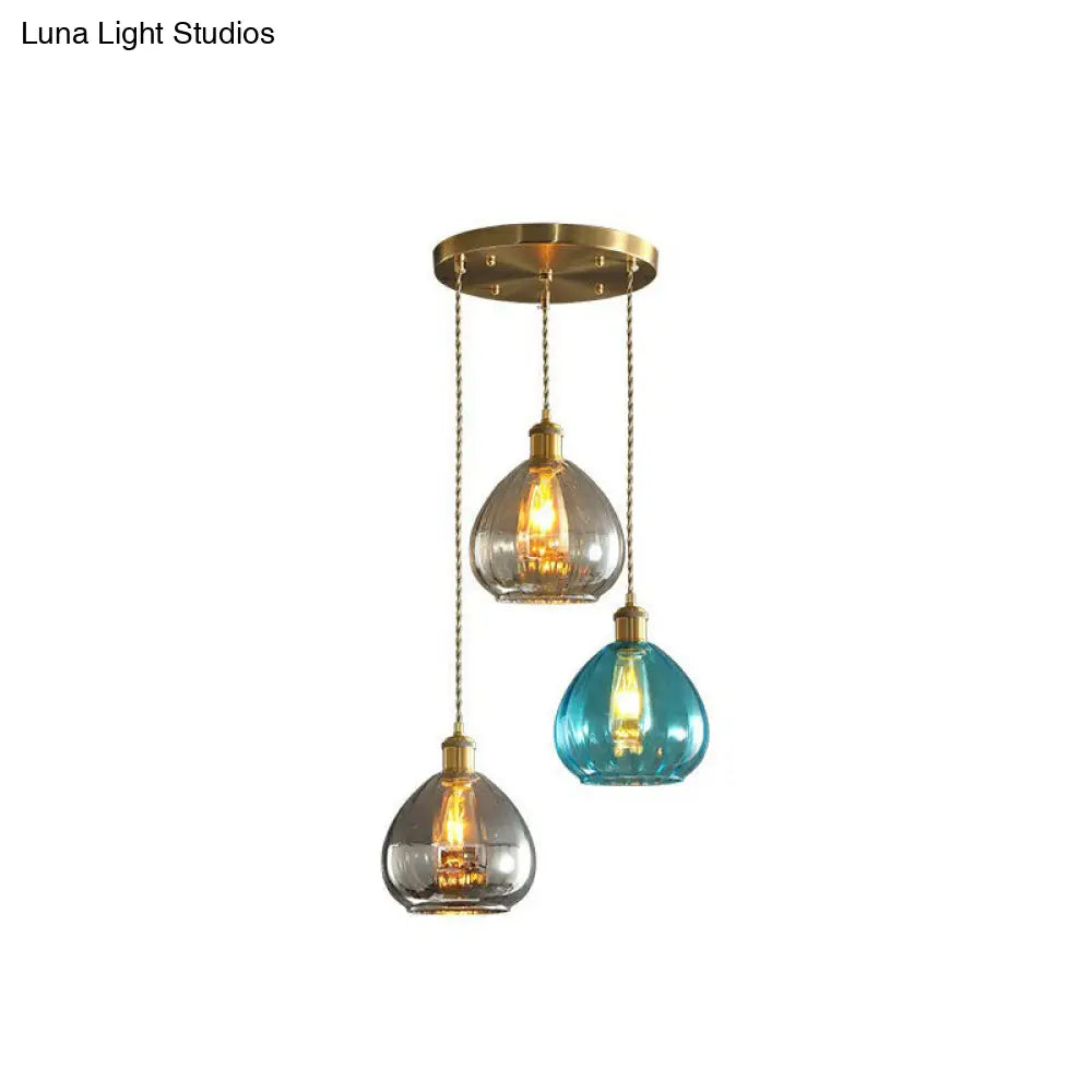 Teardrop Glass Cluster Pendant - Post-Modern Brass 3-Light Hanging Lamp Blue / Round