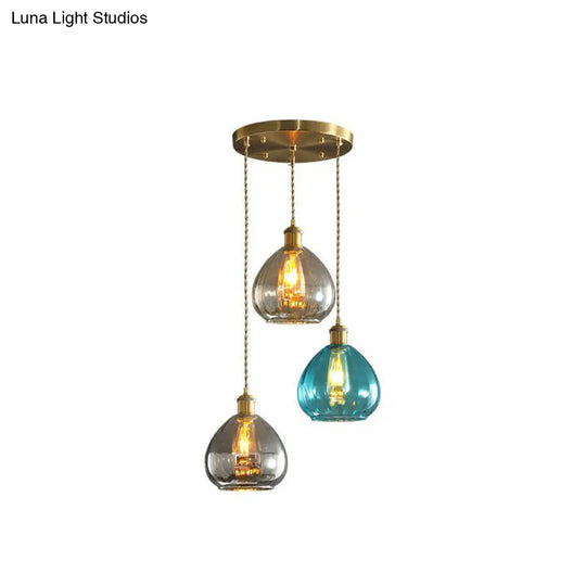 Teardrop Glass Cluster Pendant - Post-Modern Brass 3-Light Hanging Lamp Blue / Round