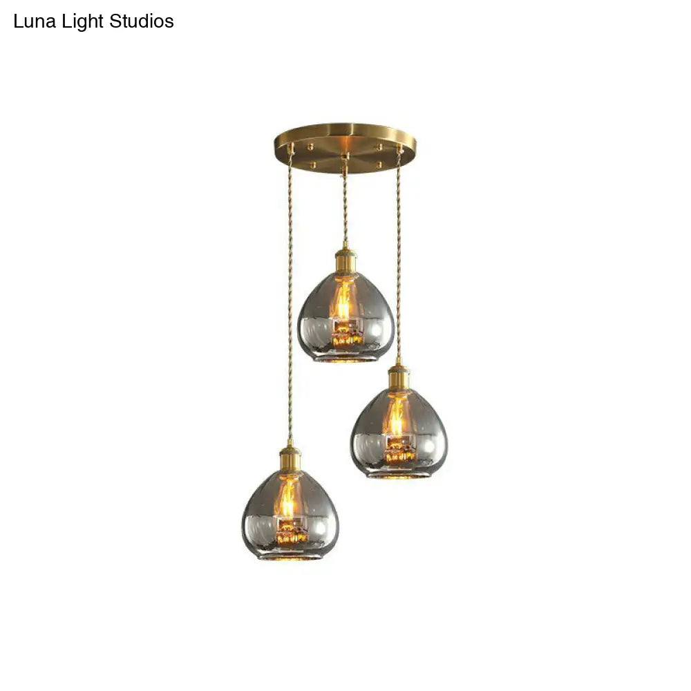 Teardrop Glass Cluster Pendant - Post-Modern Brass 3-Light Hanging Lamp Smoke Gray / Round