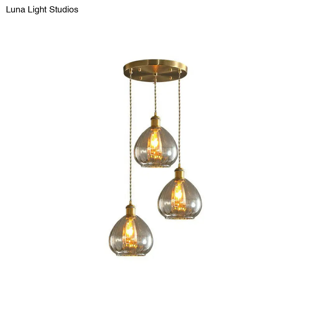 Teardrop Glass Cluster Pendant - Post-Modern Brass 3-Light Hanging Lamp Amber / Round