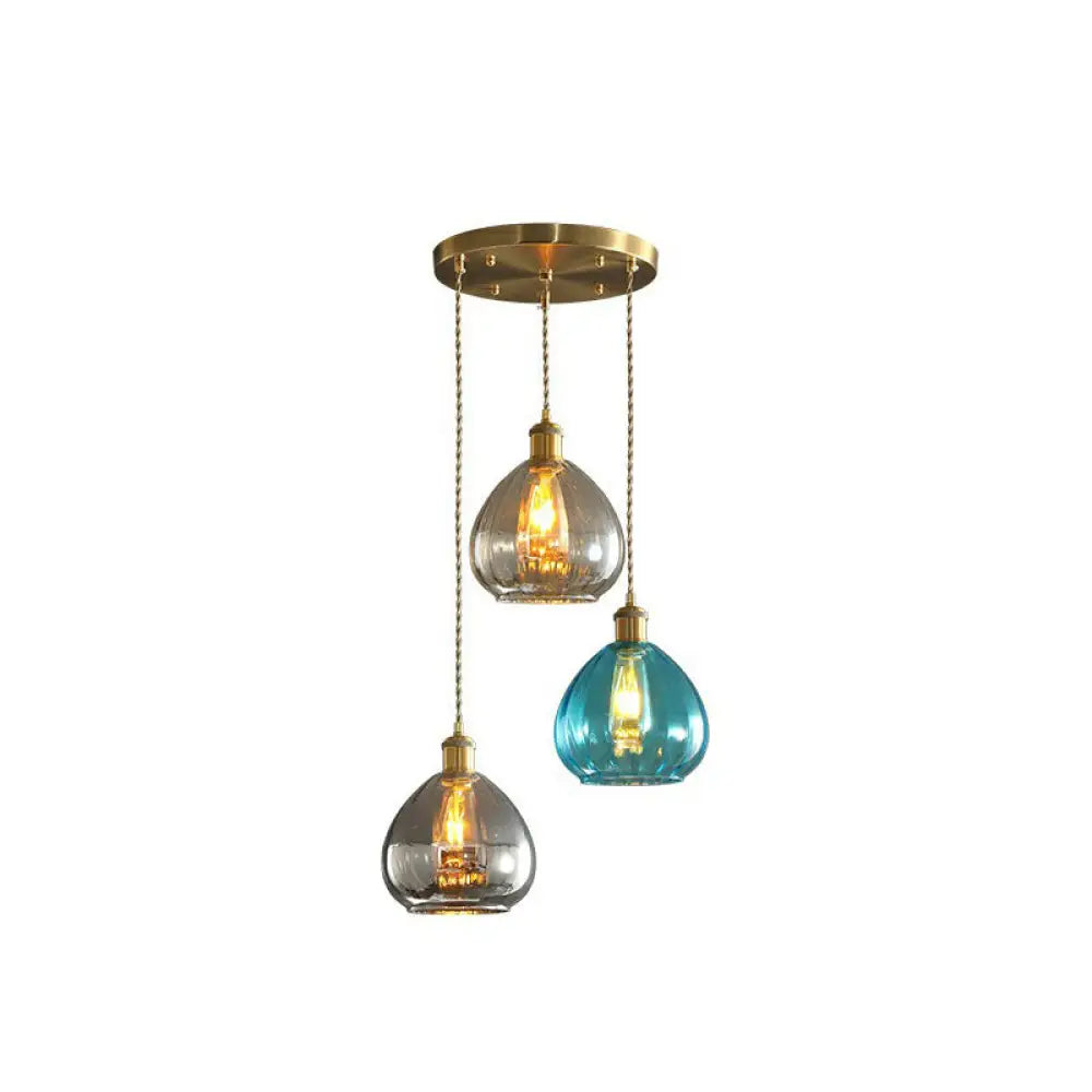 Teardrop Glass Cluster Pendant - Post-Modern Brass Finish 3-Light Hanging Lamp Blue / Round