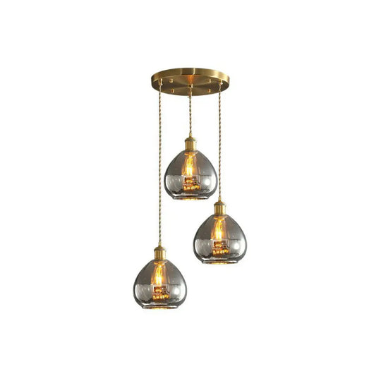 Teardrop Glass Cluster Pendant - Post-Modern Brass Finish 3-Light Hanging Lamp Smoke Gray / Round