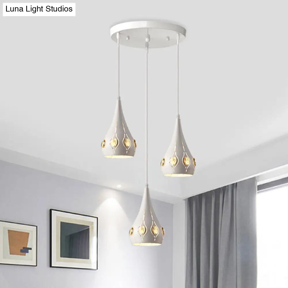 Minimalist Teardrop Iron Pendant Light With Crystal Block Accent - White Suspension Lamp (3 Bulbs)