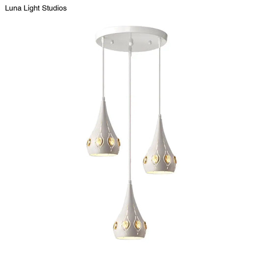 Teardrop Iron Multi-Light Pendant With Crystal Block Accent - Minimalist White Suspension Lamp (3