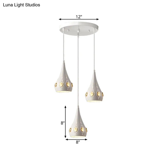 Minimalist Teardrop Iron Pendant Light With Crystal Block Accent - White Suspension Lamp (3 Bulbs)