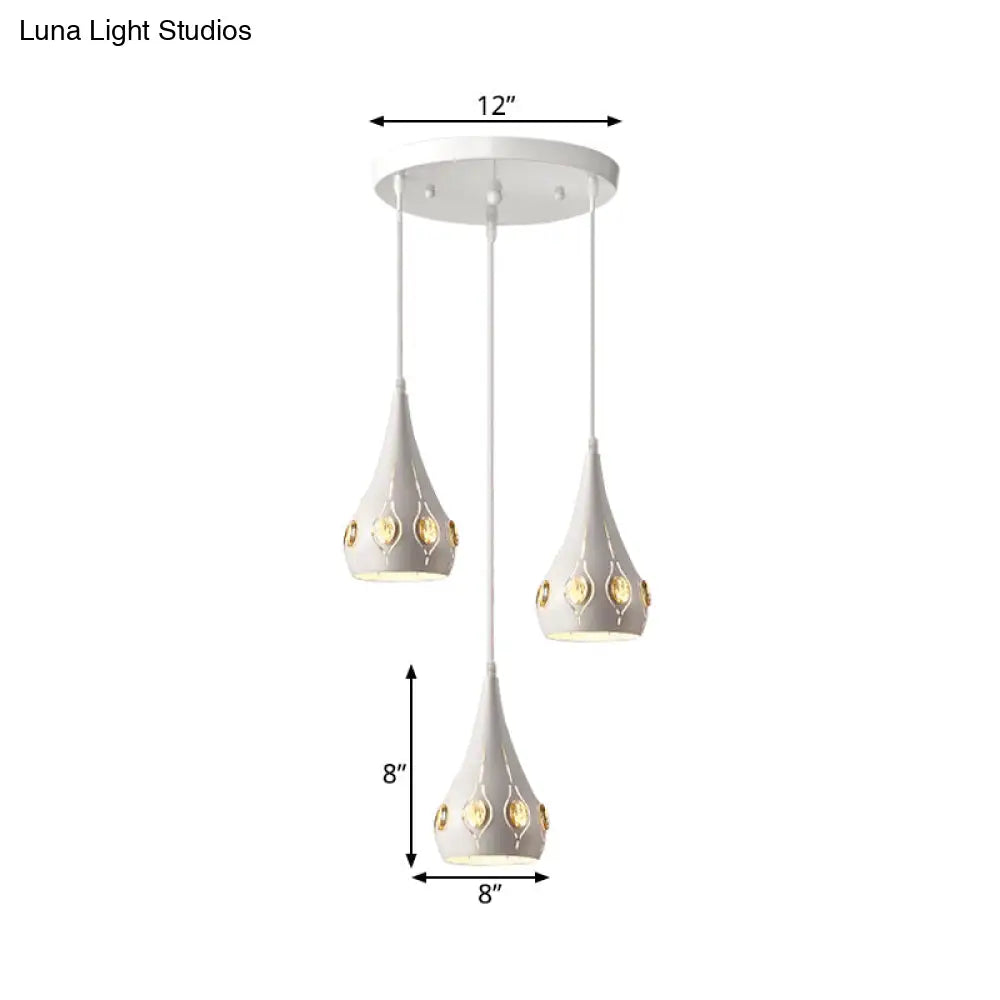 Teardrop Iron Multi-Light Pendant With Crystal Block Accent - Minimalist White Suspension Lamp (3