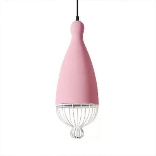 Teardrop Metal Hanging Lamp With Cage Shade - 1 Head Kitchen Pendant Light In Grey/Pink Macaron