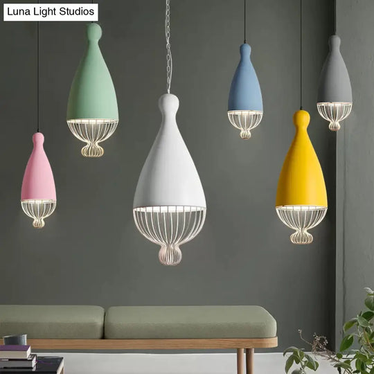 Teardrop Metal Hanging Lamp With Cage Shade - 1 Head Kitchen Pendant Light In Grey/Pink Macaron