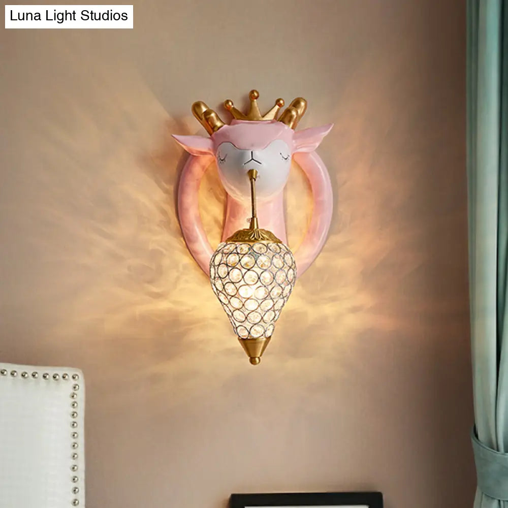 Teardrop Metal Wall Sconce With Deer Backplate - Bedroom Kids Mounted Light (1 Bulb) In Pink/Blue