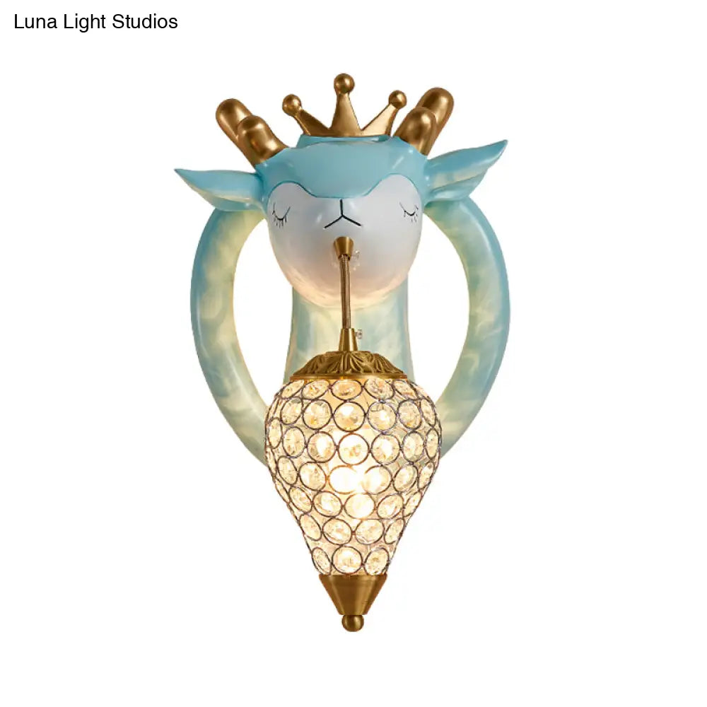 Teardrop Metal Wall Sconce With Deer Backplate - Bedroom Kids Mounted Light (1 Bulb) In Pink/Blue