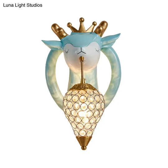 Teardrop Metal Wall Sconce With Deer Backplate - Bedroom Kids Mounted Light (1 Bulb) In Pink/Blue