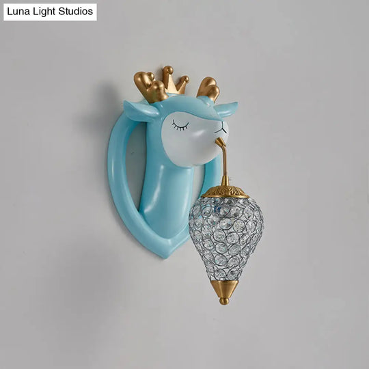 Teardrop Metal Wall Sconce With Deer Backplate - Bedroom Kids Mounted Light (1 Bulb) In Pink/Blue