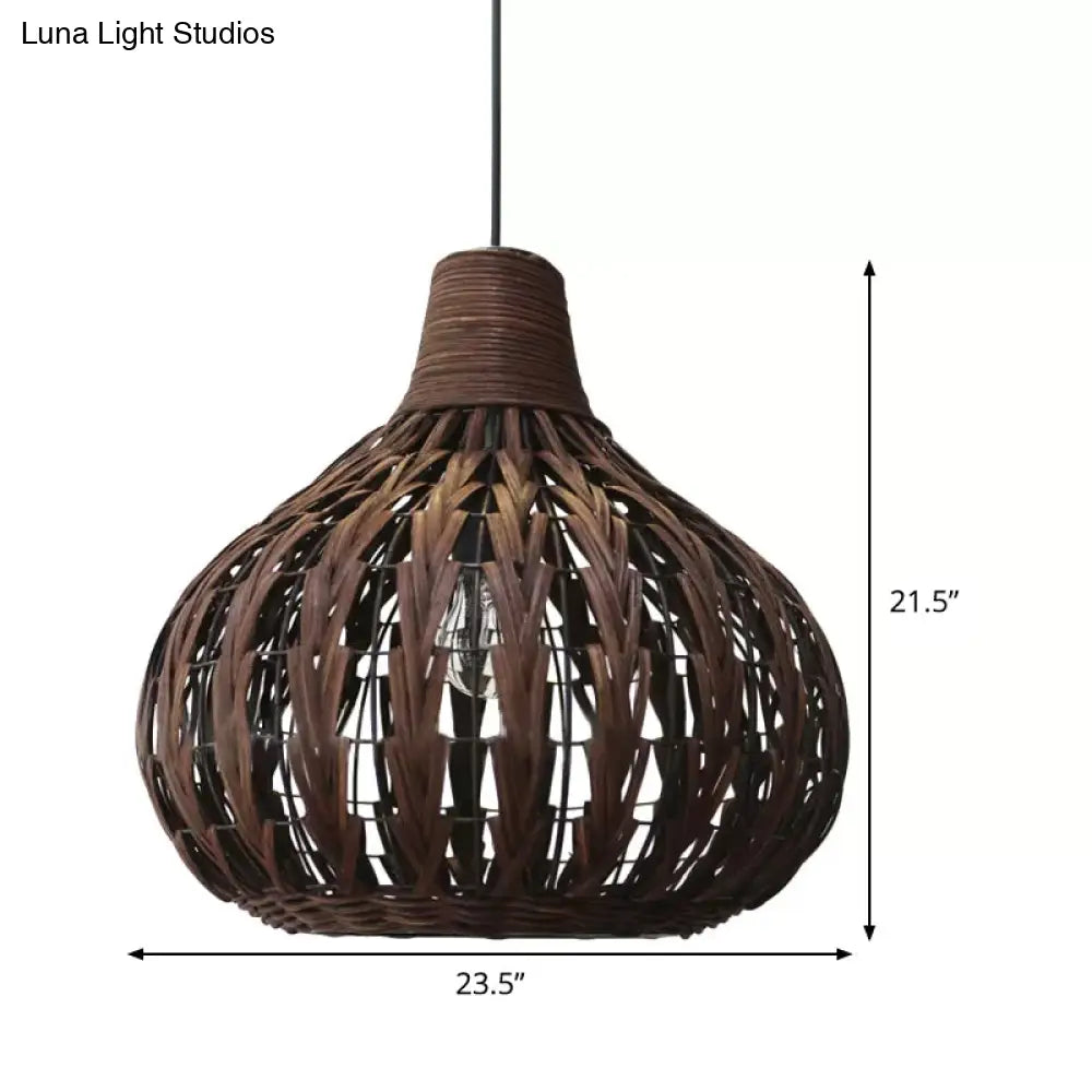 Teardrop Rattan Hanging Light - Asian-Inspired Coffee Brown 14/23.5 Wide Suspended Lighting Fixture