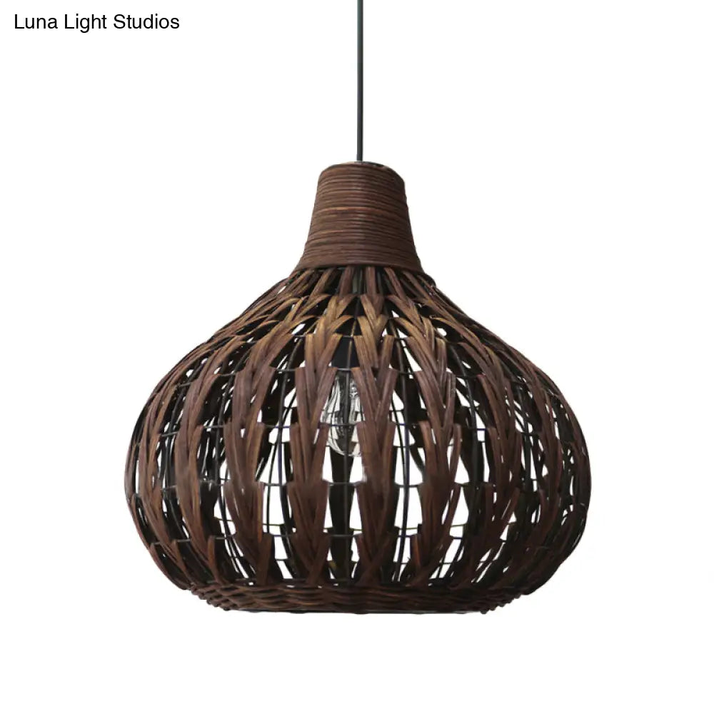 Teardrop Rattan Hanging Light - Asian-Inspired Coffee Brown 14/23.5 Wide Suspended Lighting Fixture