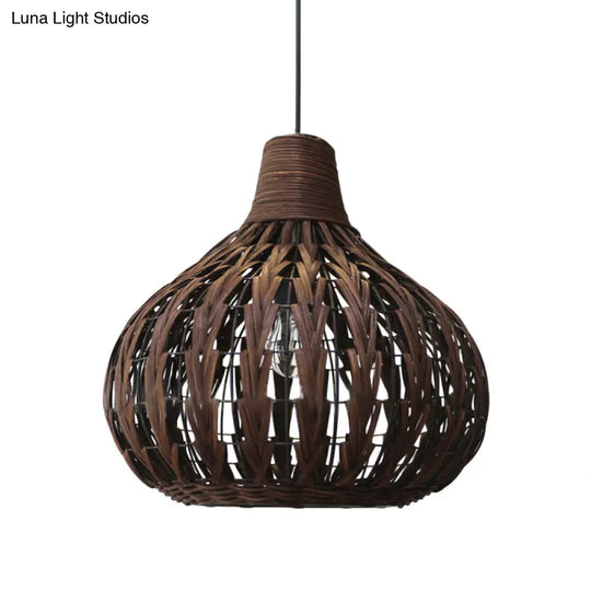 Teardrop Rattan Hanging Light - Asian-Inspired Coffee Brown 14/23.5 Wide Suspended Lighting Fixture