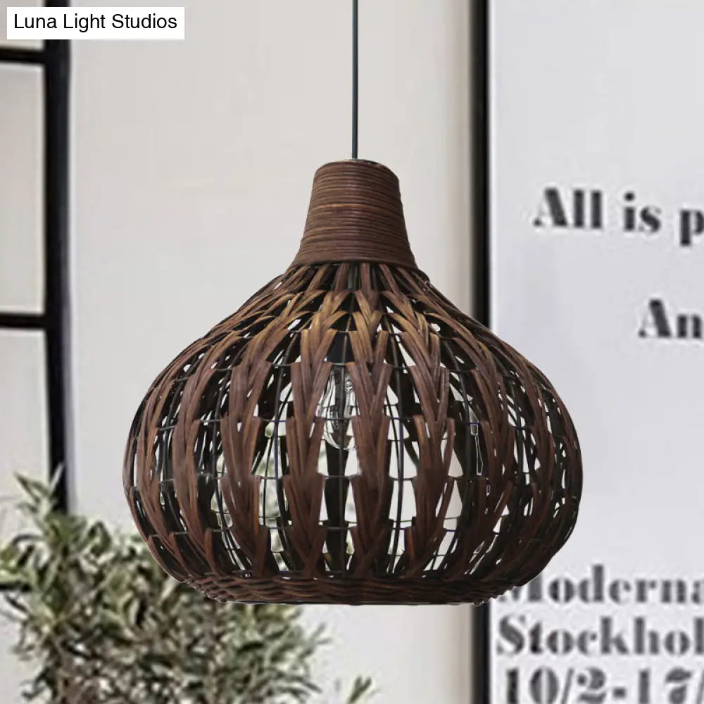 Teardrop Rattan Hanging Light - Asian-Inspired Coffee Brown 14/23.5 Wide Suspended Lighting Fixture