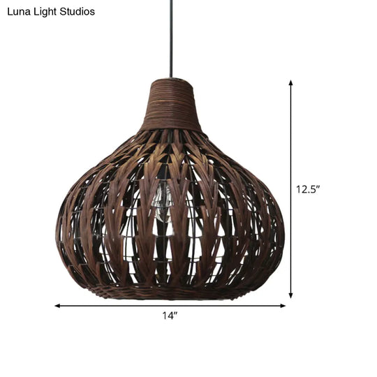 Teardrop Rattan Hanging Light - Asian-Inspired Coffee Brown 14/23.5 Wide Suspended Lighting Fixture