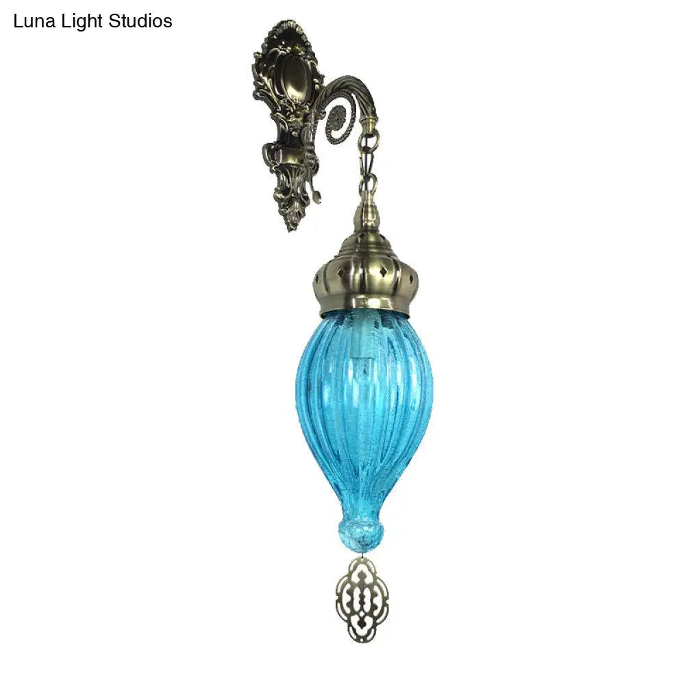 Teardrop Sconce: Wall Mounted Carved Metal Lamp With Black/White/Light Blue Glass