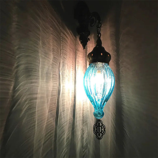 Teardrop Sconce: Wall Mounted Carved Metal Lamp With Black/White/Light Blue Glass Light