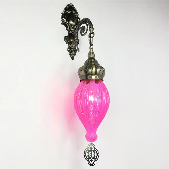 Teardrop Sconce: Wall Mounted Carved Metal Lamp With Black/White/Light Blue Glass Rose Red