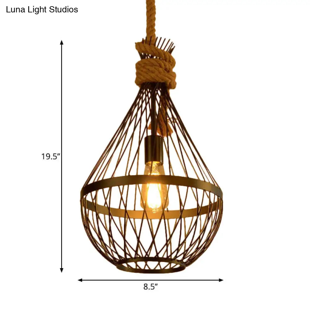 Country Style 1-Light Teardrop Suspension Lamp In Black With Metal Wire Frame And 39 Rope