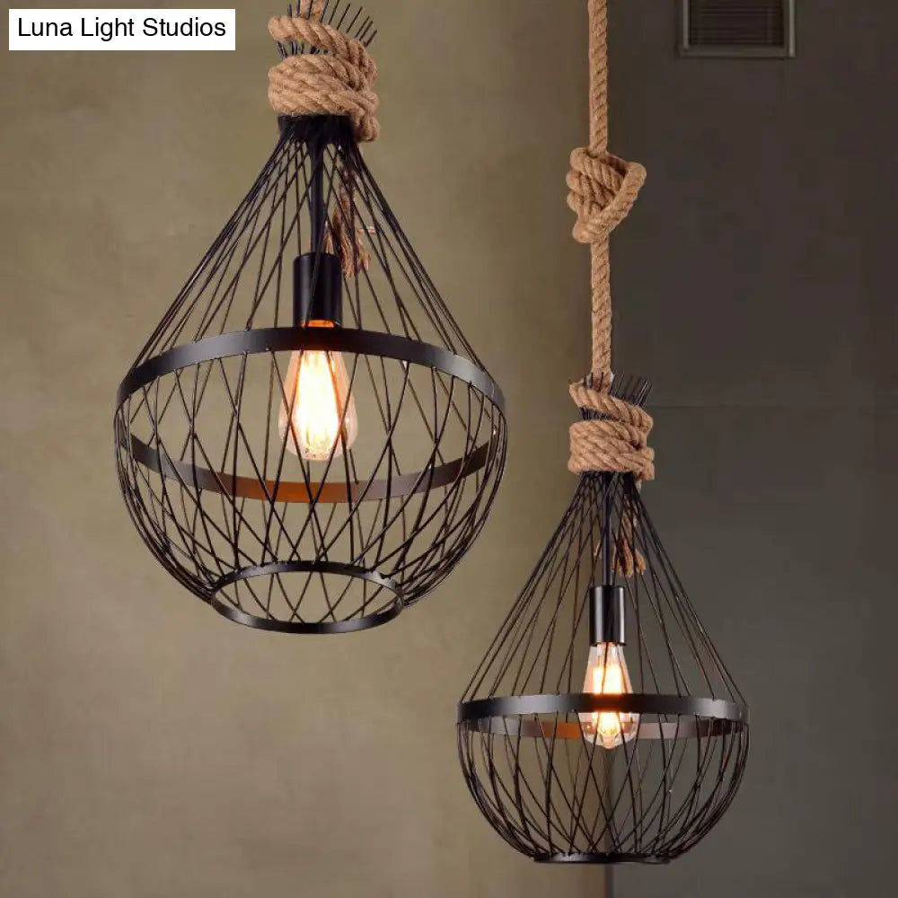 Country Style 1-Light Teardrop Suspension Lamp In Black With Metal Wire Frame And 39 Rope