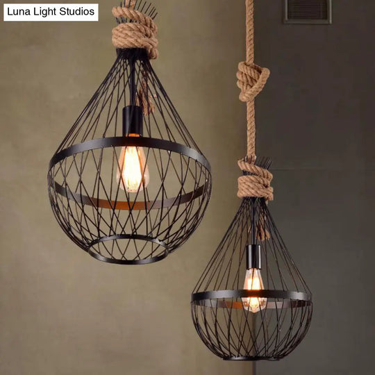 Country Style 1-Light Teardrop Suspension Lamp In Black With Metal Wire Frame And 39 Rope