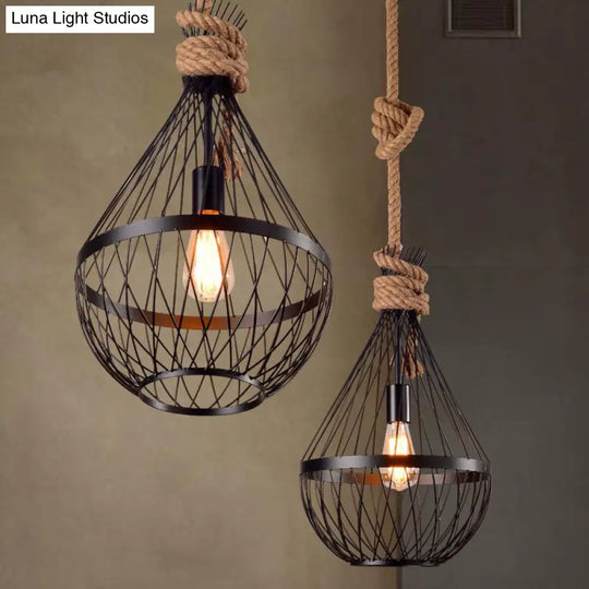 Teardrop Suspension Light: Metal Wire Frame Hanging Lamp In Black With 39’ Rope - Country Style