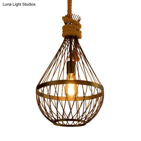 Country Style 1-Light Teardrop Suspension Lamp In Black With Metal Wire Frame And 39 Rope