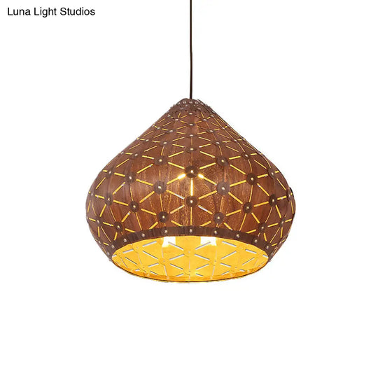 Teardrop Wood Shade Hanging Light Fixture For Bedroom With Asia Brown Down Lighting And 1 Bulb