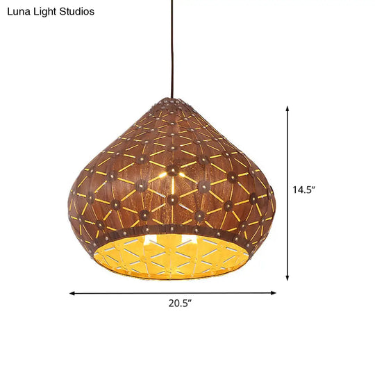 Teardrop Wood Shade Hanging Light Fixture For Bedroom With Asia Brown Down Lighting And 1 Bulb