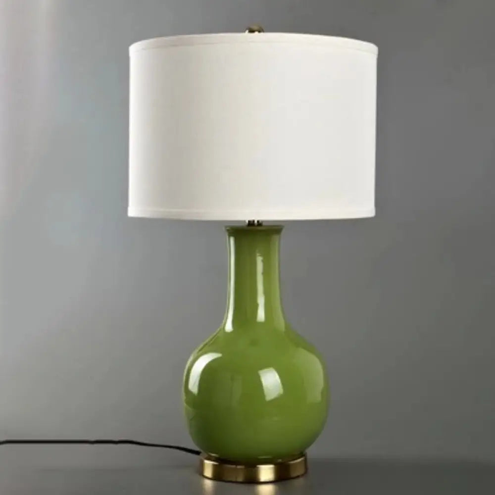 Tejat Posterior - Modern Fabric Drum Night Stand Light With Vase Ceramic Base Green