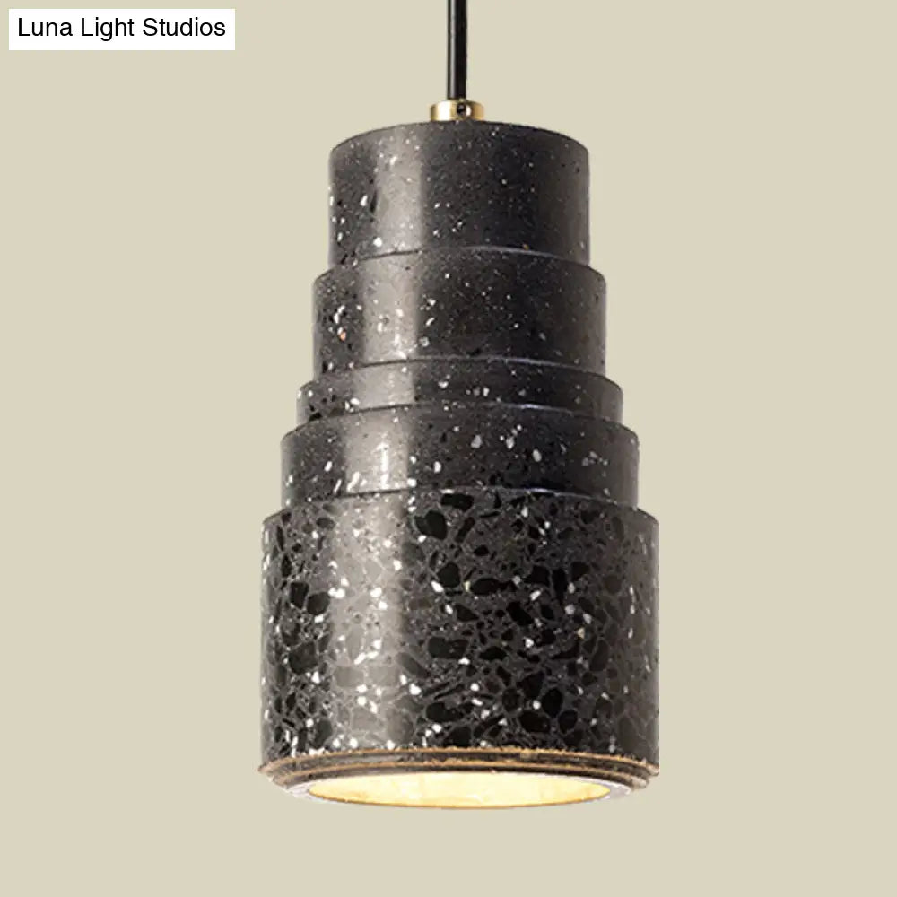 Nordic Terrazzo 1-Light Bedside Pendant Lamp In Black - Tiered Tube Hanging Lighting