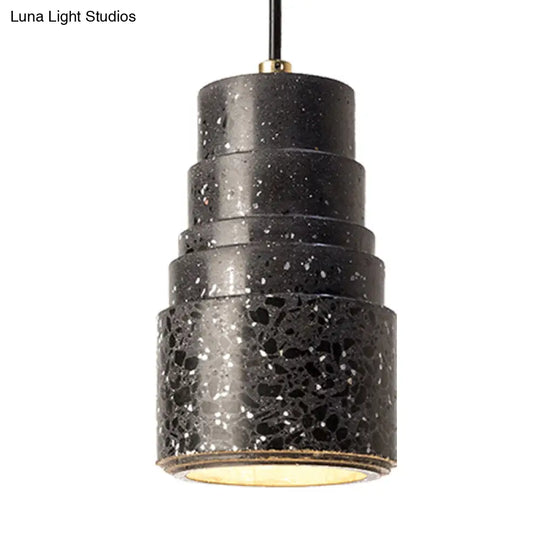 Nordic Terrazzo 1-Light Bedside Pendant Lamp In Black - Tiered Tube Hanging Lighting