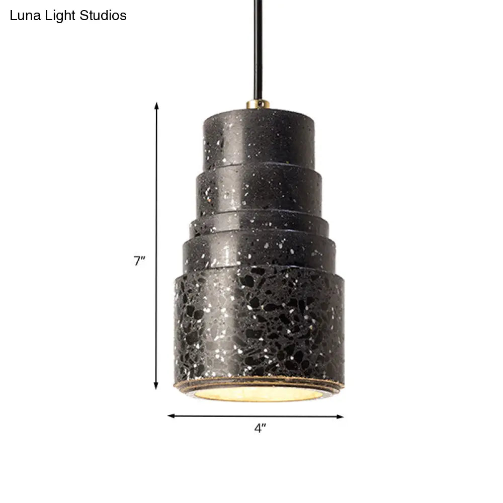 Nordic Terrazzo 1-Light Bedside Pendant Lamp In Black - Tiered Tube Hanging Lighting